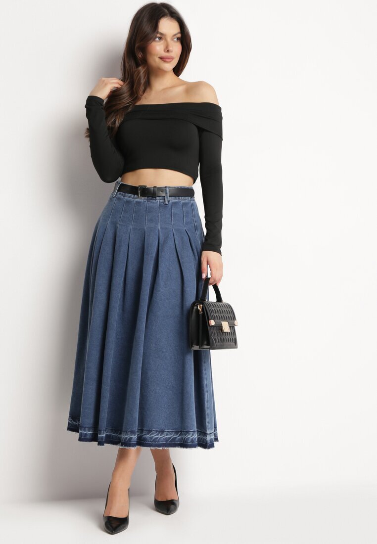  Fustă bleumarin din denim evazată cu curea din piele ecologică Nalier