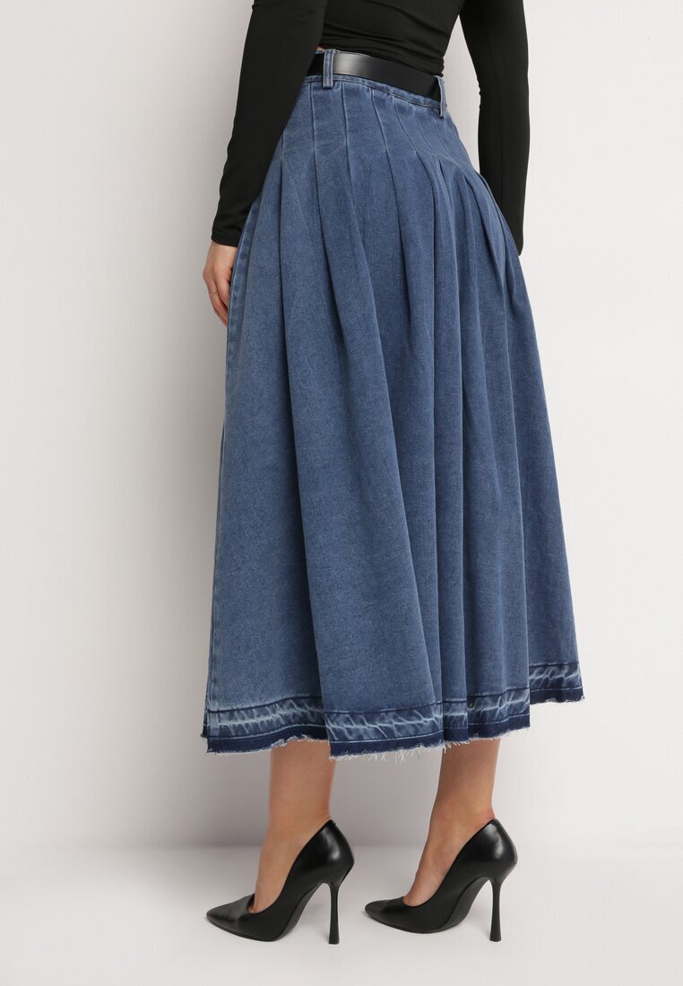  Fustă bleumarin din denim evazată cu curea din piele ecologică Nalier
