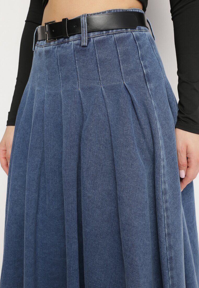  Fustă bleumarin din denim evazată cu curea din piele ecologică Nalier