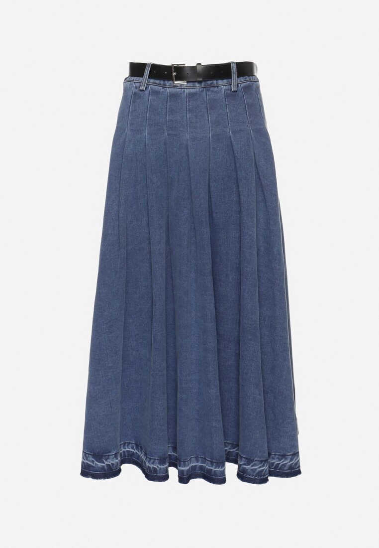  Fustă bleumarin din denim evazată cu curea din piele ecologică Nalier