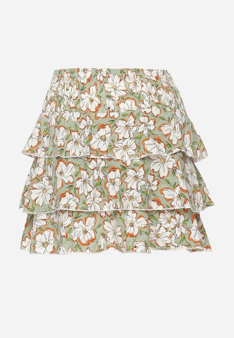  Fustă Verde Mini Decorată cu Volane și Imprimeu Floral Persava