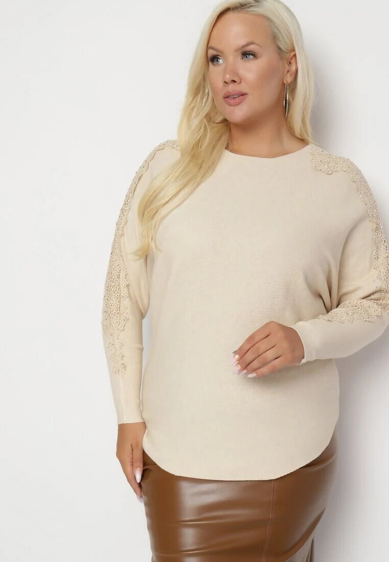 g-dz fashion Bluză Bej deschis din Vâscoză și Bumbac cu croi liliac Decorată cu Dantelă și Strasuri Erisele