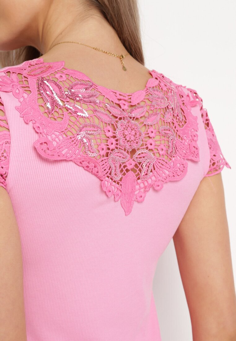 g-dz fashion Bluză Roz Reiată cu Inserții din Dantelă și Paiete Esmalde