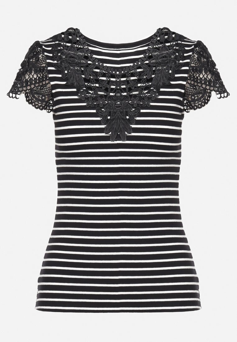 g-dz fashion T-shirt negru de bumbac din material reiat cu decolteu din dantelă și mâneci Hyacintia