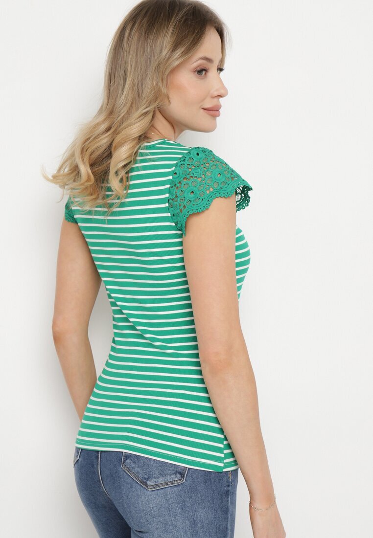g-dz fashion T-shirt Verde de Bumbac din Tricot Reiat Decorat cu Dantelă Liasilo