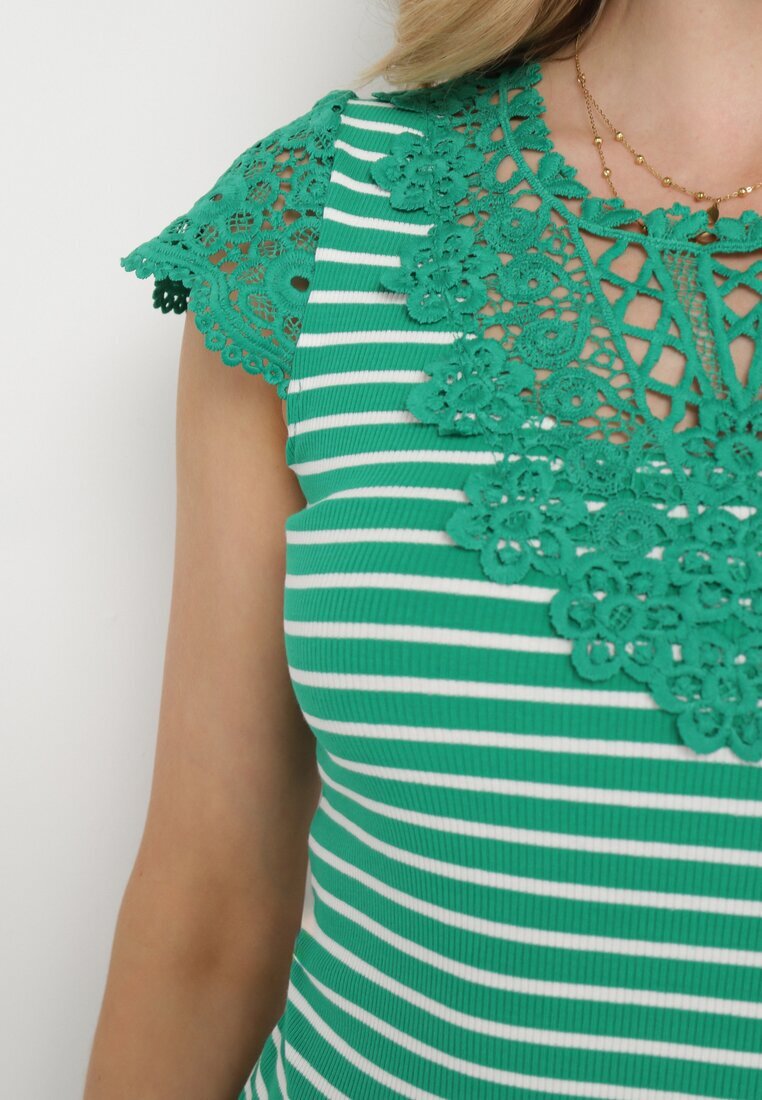 g-dz fashion T-shirt Verde de Bumbac din Tricot Reiat Decorat cu Dantelă Liasilo