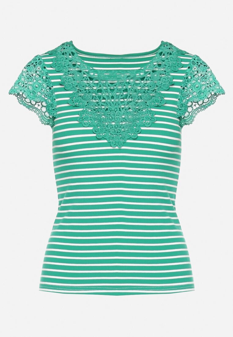 g-dz fashion T-shirt Verde de Bumbac din Tricot Reiat Decorat cu Dantelă Liasilo