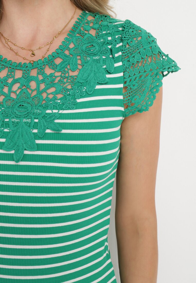 g-dz fashion T-shirt Verde din Bumbac din Material Reiat cu Decolteu și Mâneci din Dantelă Hyacintia