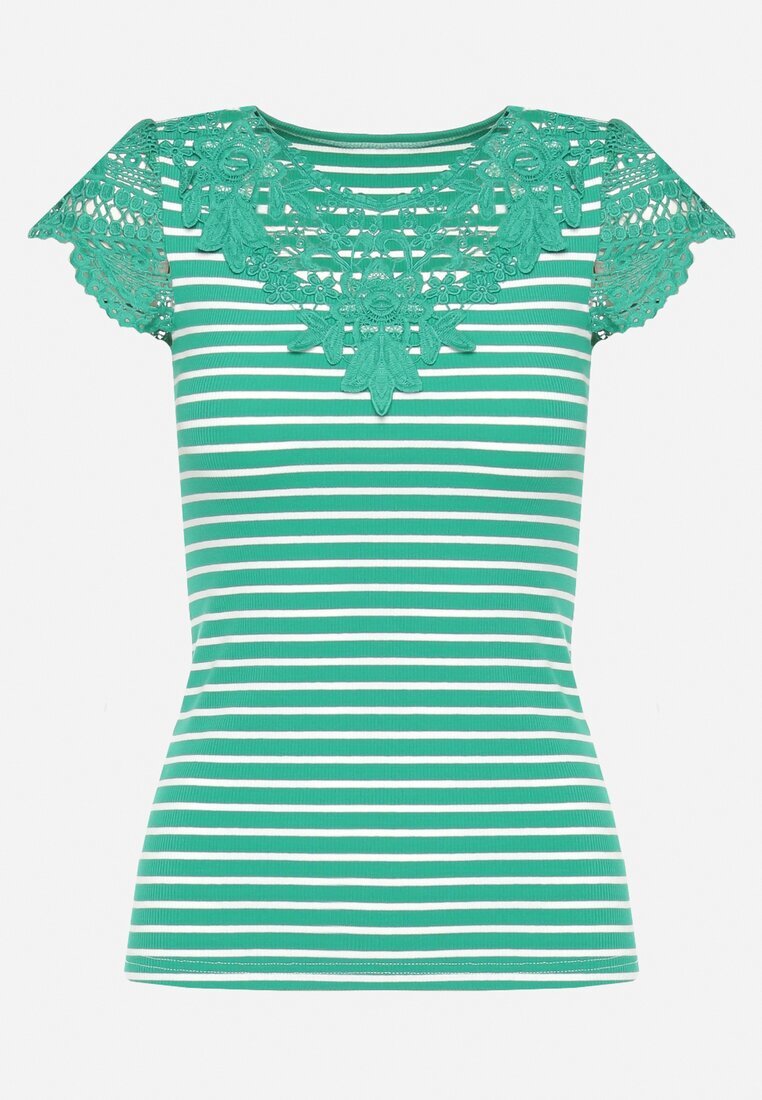 g-dz fashion T-shirt Verde din Bumbac din Material Reiat cu Decolteu și Mâneci din Dantelă Hyacintia