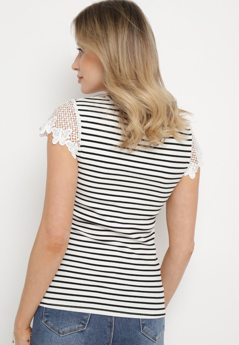 g-dz fashion Tricou Alb din Bumbac cu Mânecă Scurtă cu Dantelă Decorativă la Decolteu Carines