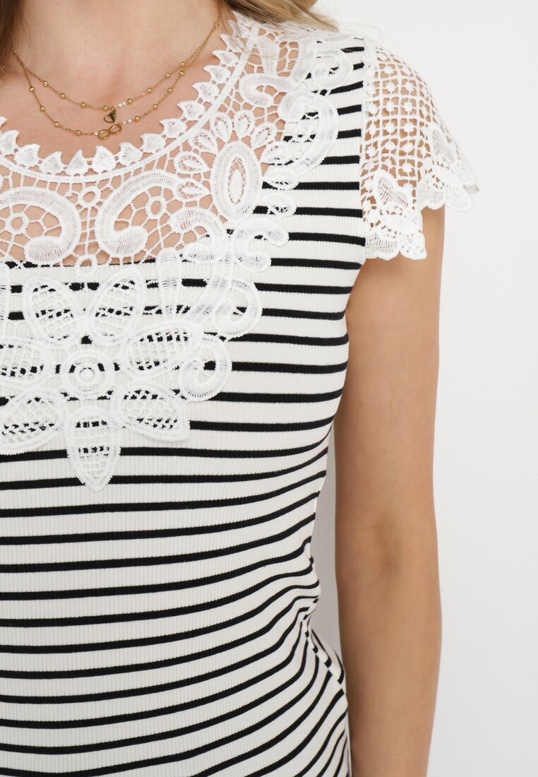 g-dz fashion Tricou Alb din Bumbac cu Mânecă Scurtă cu Dantelă Decorativă la Decolteu Carines