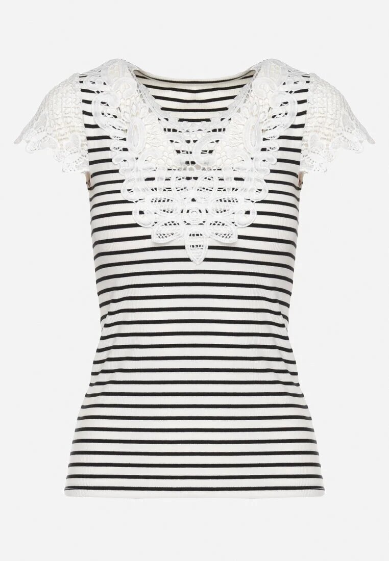 g-dz fashion Tricou Alb din Bumbac cu Mânecă Scurtă cu Dantelă Decorativă la Decolteu Carines