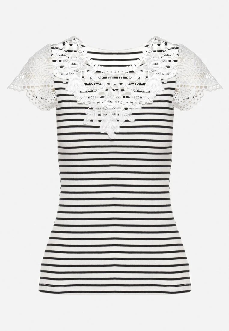 g-dz fashion Tricou Alb din Bumbac din material reiat cu decolteu din dantelă și mâneci Hyacintia