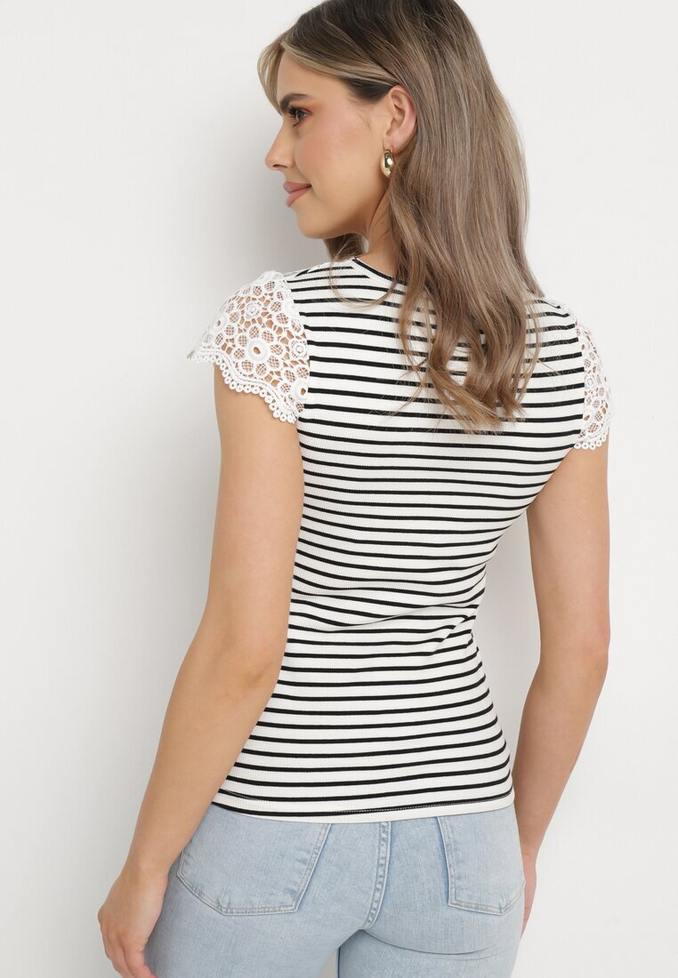 g-dz fashion Tricou Alb-Negru din bumbac din tricot reiat decorat cu dantelă Liasilo