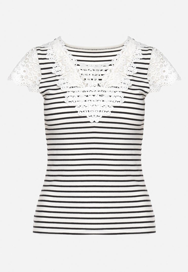 g-dz fashion Tricou Alb-Negru din bumbac din tricot reiat decorat cu dantelă Liasilo