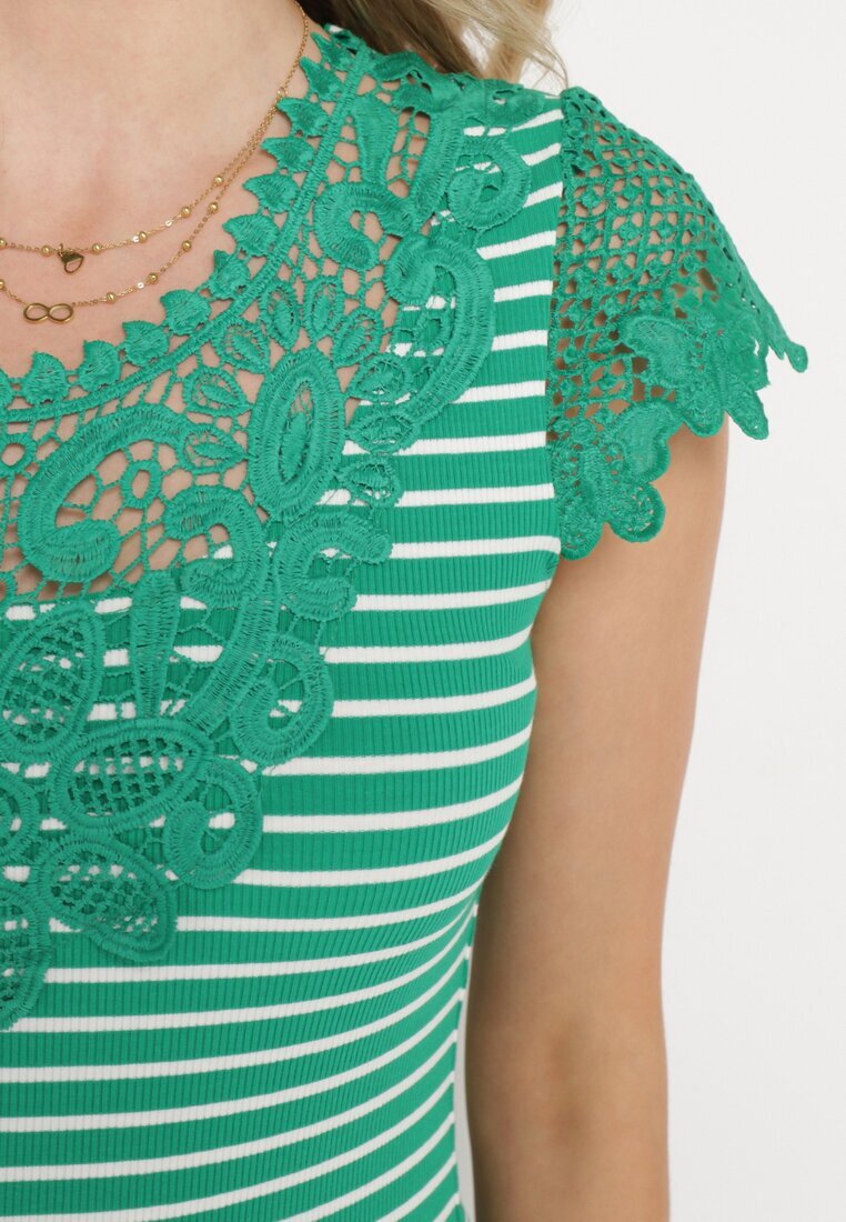 g-dz fashion Tricou de bumbac verde cu dantelă decorativă la decolteu Carines