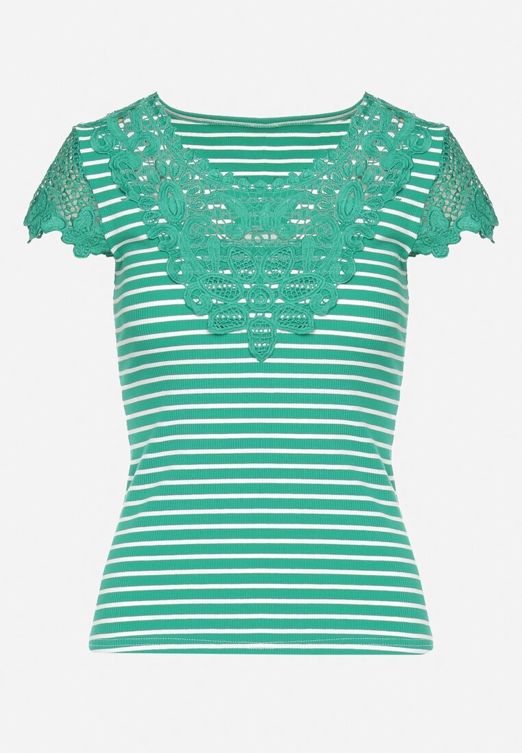 g-dz fashion Tricou de bumbac verde cu dantelă decorativă la decolteu Carines