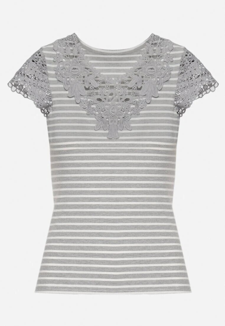 g-dz fashion Tricou Gri din Bumbac din Material Reiat cu Decolteu din Dantelă și Mâneci Hyacintia