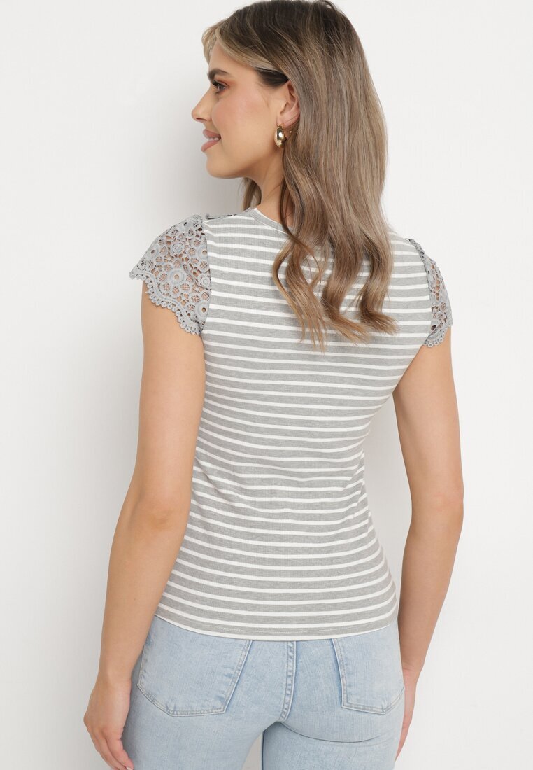 g-dz fashion Tricou Gri din Bumbac Tricotat Reiat decorat cu Dantelă Liasilo