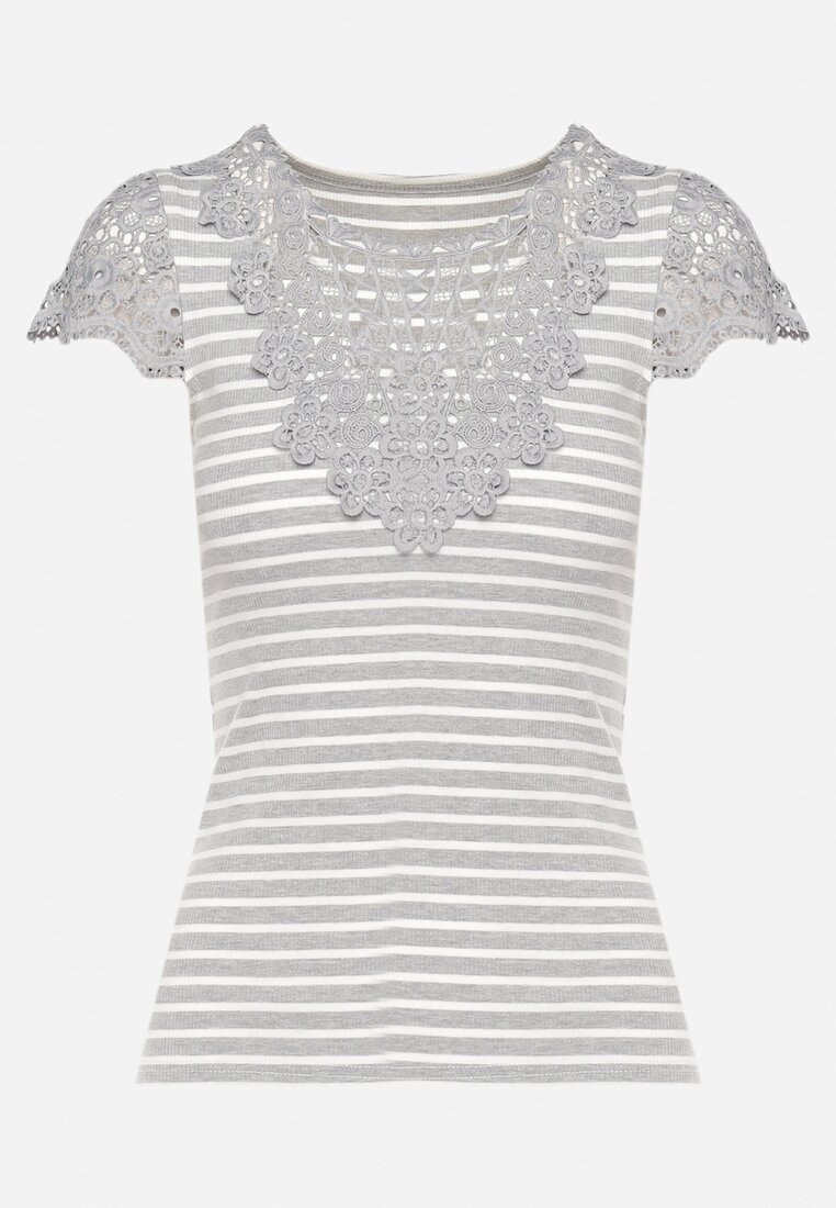 g-dz fashion Tricou Gri din Bumbac Tricotat Reiat decorat cu Dantelă Liasilo