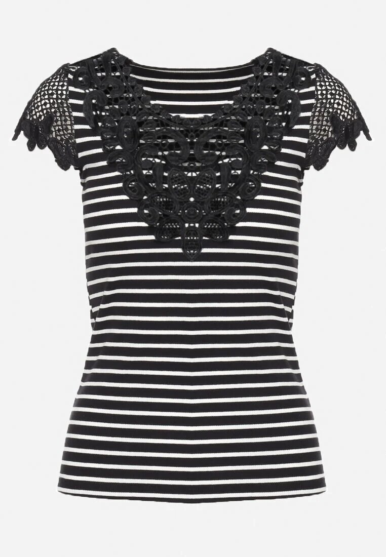 g-dz fashion Tricou negru de bumbac cu mânecă scurtă cu dantelă decorativă la decolteu Carines