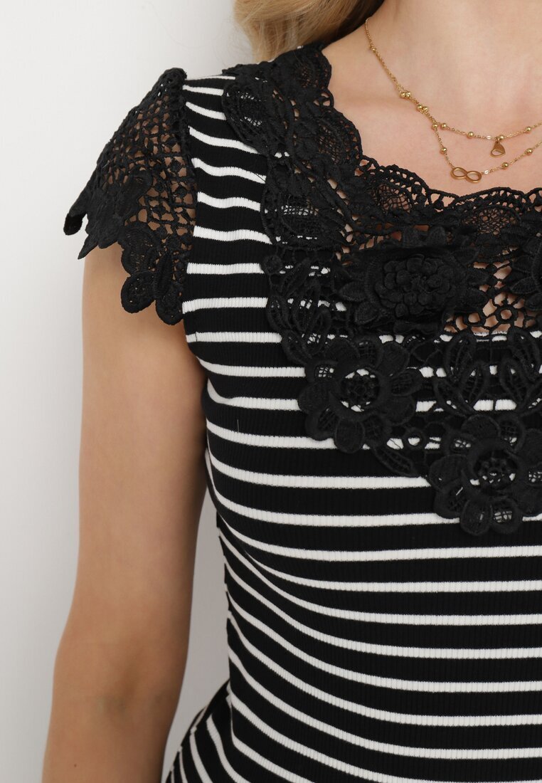 g-dz fashion Tricou Negru din bumbac cu dungi cu inserții din dantelă Idamarie