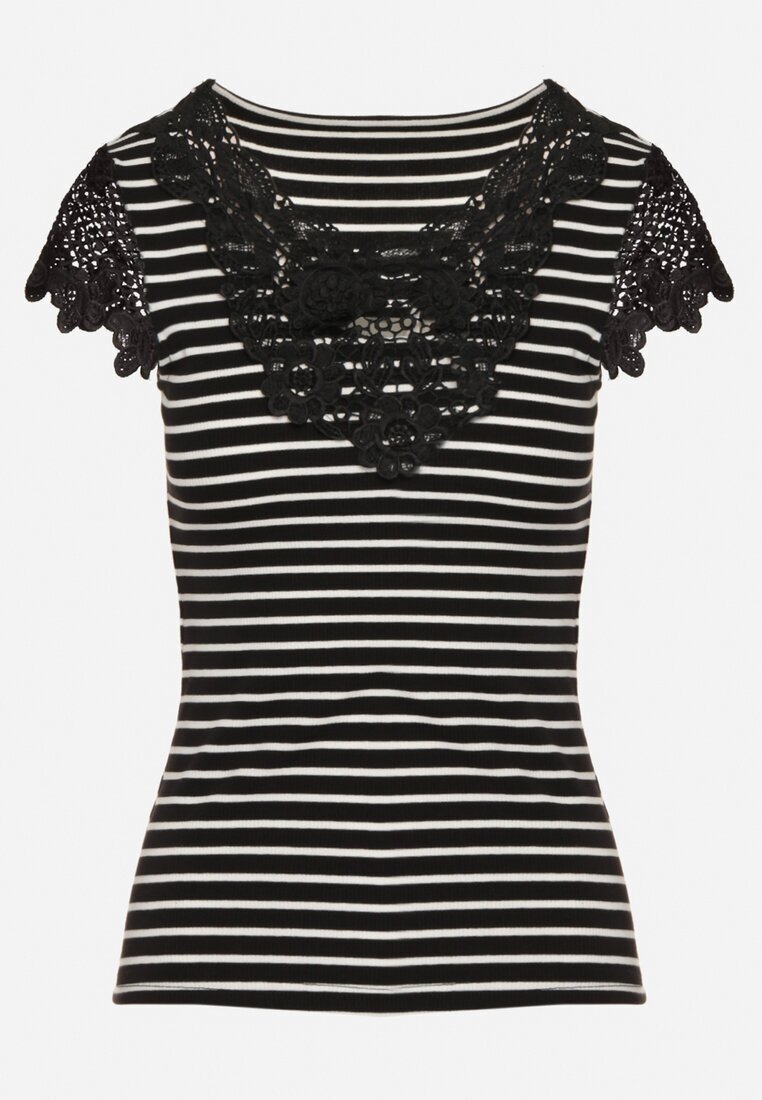 g-dz fashion Tricou Negru din bumbac cu dungi cu inserții din dantelă Idamarie