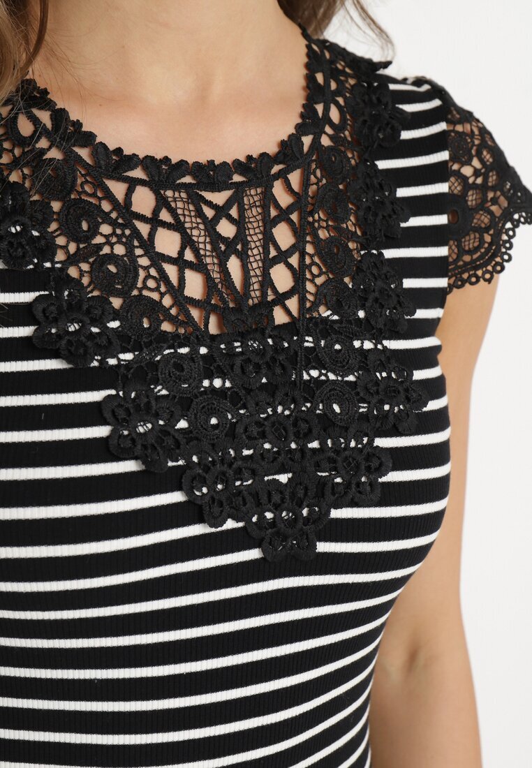 g-dz fashion Tricou Negru din bumbac din tricot reiat decorat cu dantelă Liasilo