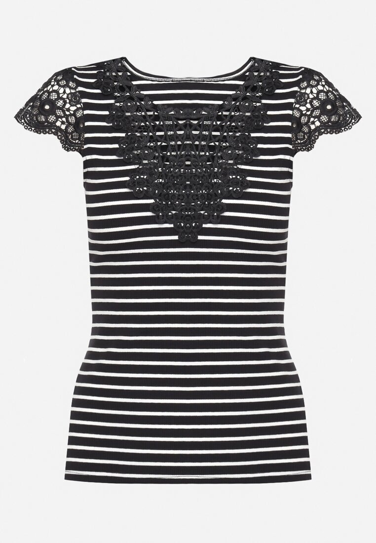 g-dz fashion Tricou Negru din bumbac din tricot reiat decorat cu dantelă Liasilo