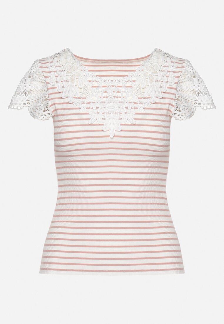 g-dz fashion Tricou Roz-alb de bumbac din material reiat cu decolteu și mâneci cu dantelă Hyacintia