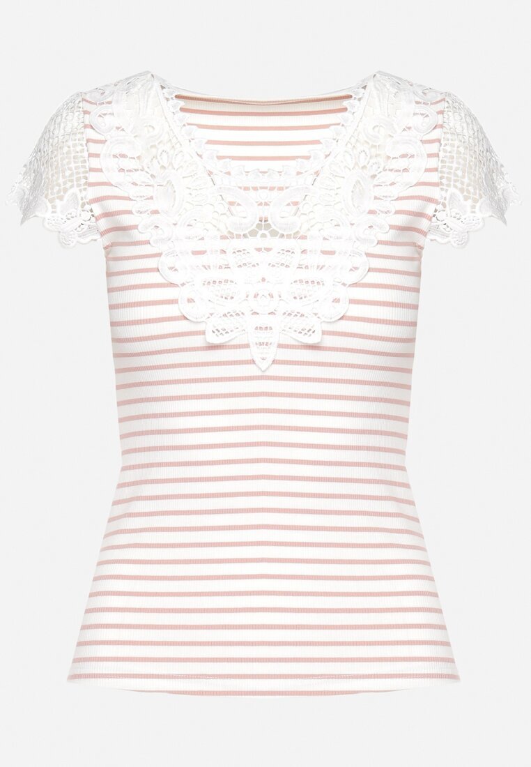 g-dz fashion Tricou Roz de Bumbac cu mânecă scurtă cu Dantelă Decorativă la Decolteu Carines