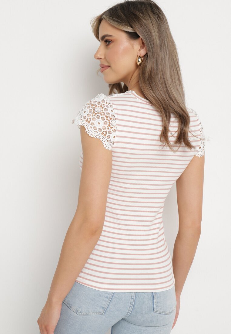 g-dz fashion Tricou Roz și Alb din tricot reiat de bumbac decorat cu dantelă Liasilo