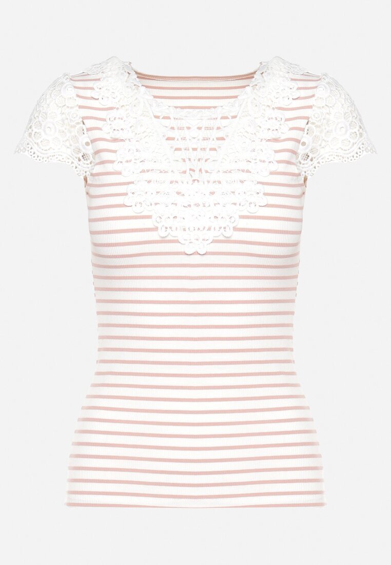 g-dz fashion Tricou Roz și Alb din tricot reiat de bumbac decorat cu dantelă Liasilo