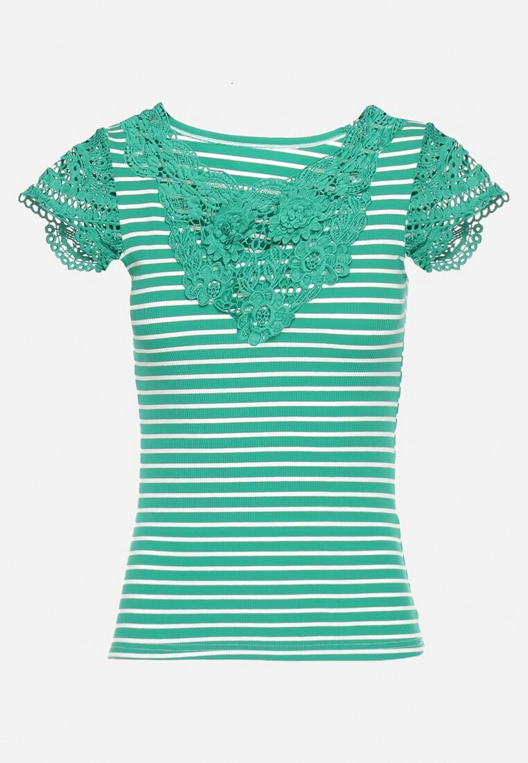 g-dz fashion Tricou Verde de Bumbac cu Dungi cu Inserții din Dantelă Idamarie