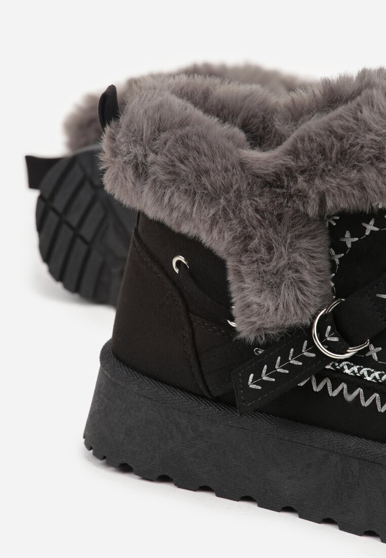 gavi Ghete de zăpadă Negre cu Talpă Groasă Decorate cu Motiv Brodat și Blană Caretusa