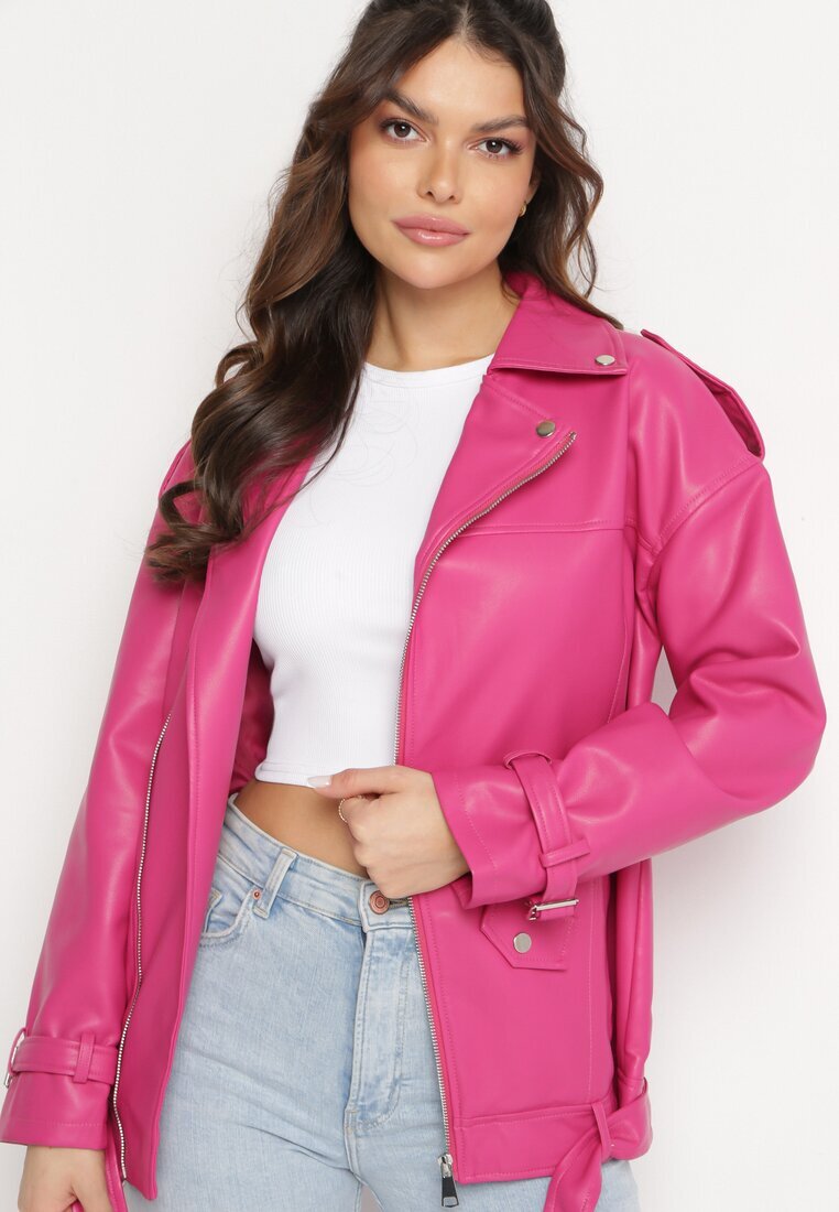  Geacă fucsia tip ramones cu curea decorativă din piele ecologică Kotiara