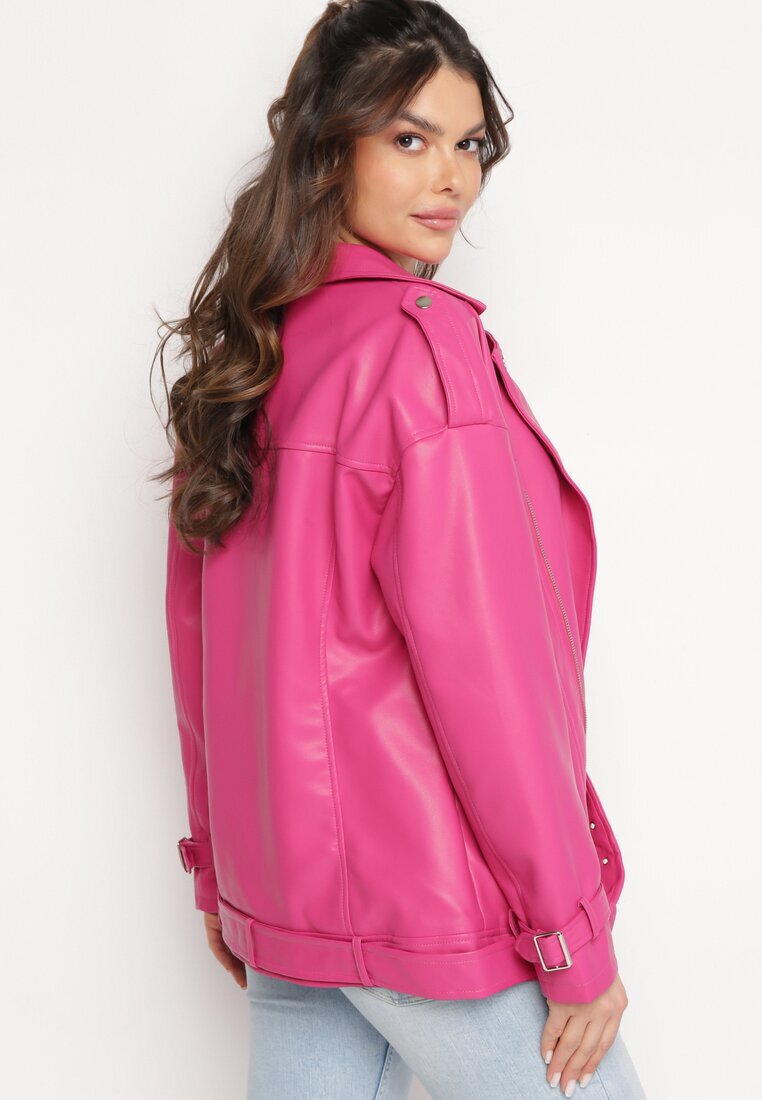  Geacă fucsia tip ramones cu curea decorativă din piele ecologică Kotiara