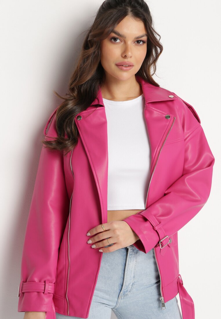  Geacă fucsia tip ramones cu curea decorativă din piele ecologică Kotiara