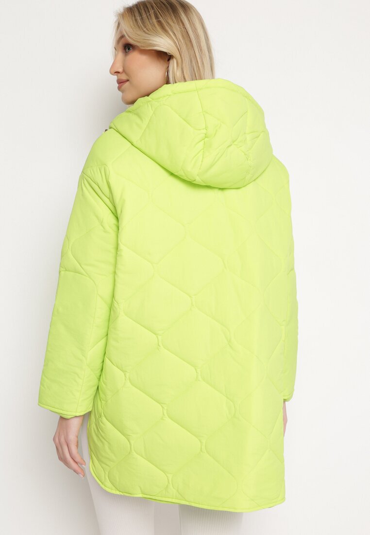  Geacă Verde Oversize cu Glugă cu Matlasare Decorativă și Despicătură Klimella