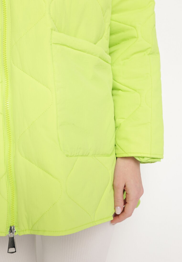  Geacă Verde Oversize cu Glugă cu Matlasare Decorativă și Despicătură Klimella