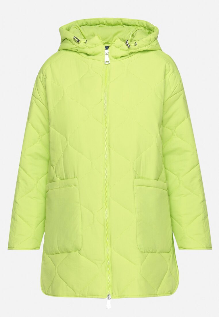  Geacă Verde Oversize cu Glugă cu Matlasare Decorativă și Despicătură Klimella