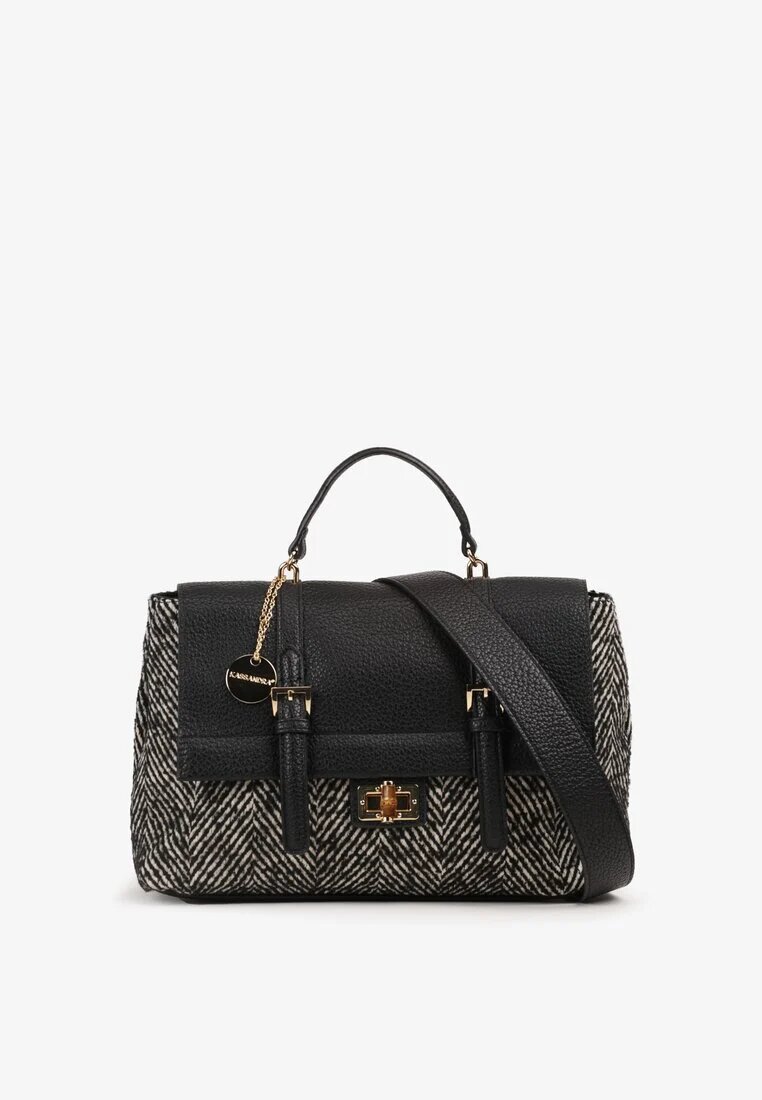  Geantă crossbody Neagră cu model în spic cu clapă decorativă și curea suplimentară Jackilina
