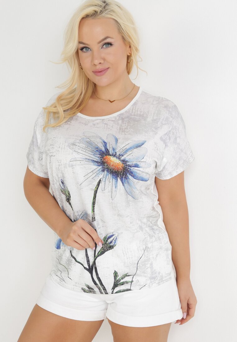 generation Bluză Albă Oversize cu Imprimeu Metalic Floral cu Zirconii Deqsa