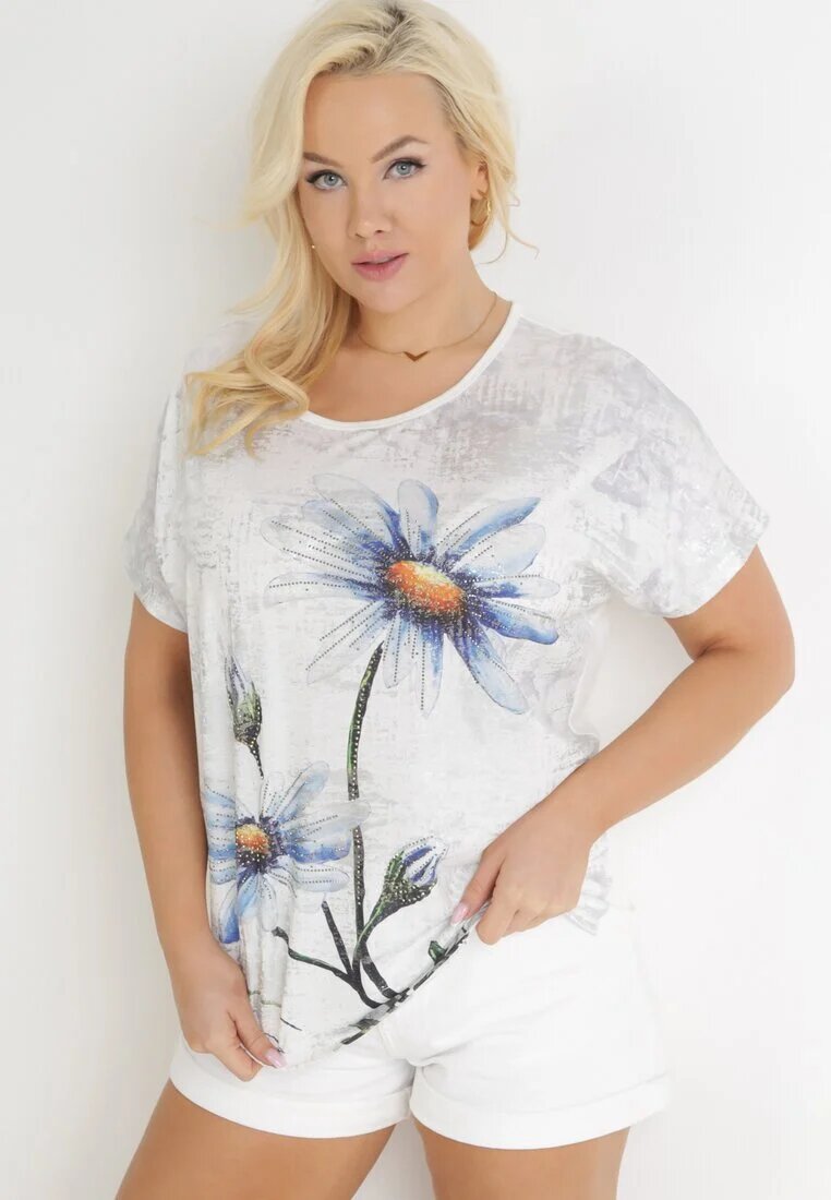 generation Bluză Albă Oversize cu Imprimeu Metalic Floral cu Zirconii Deqsa