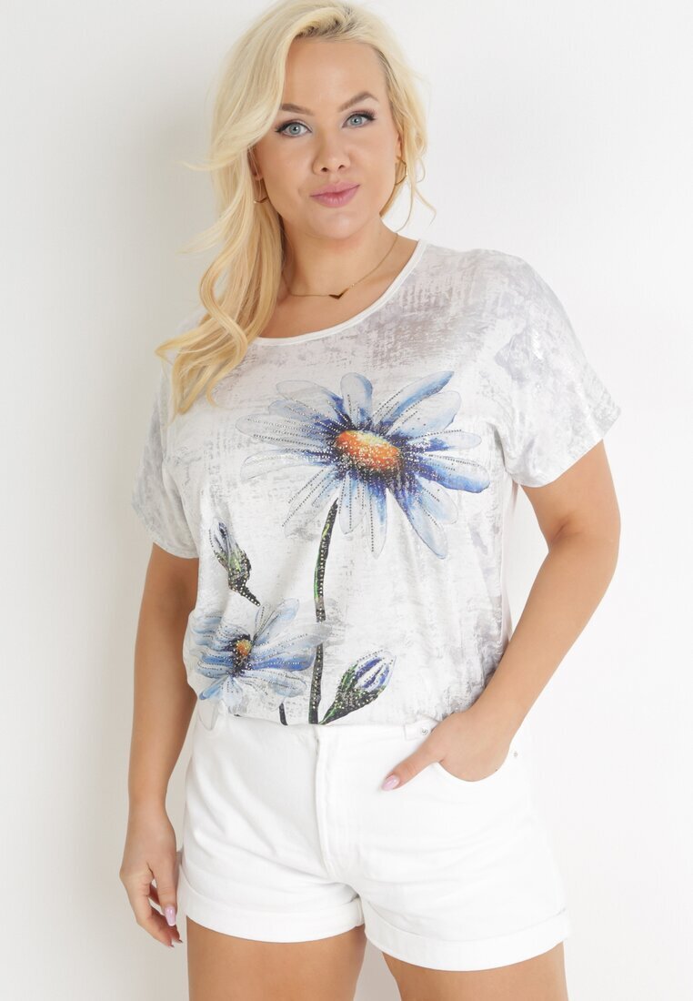 generation Bluză Albă Oversize cu Imprimeu Metalic Floral cu Zirconii Deqsa