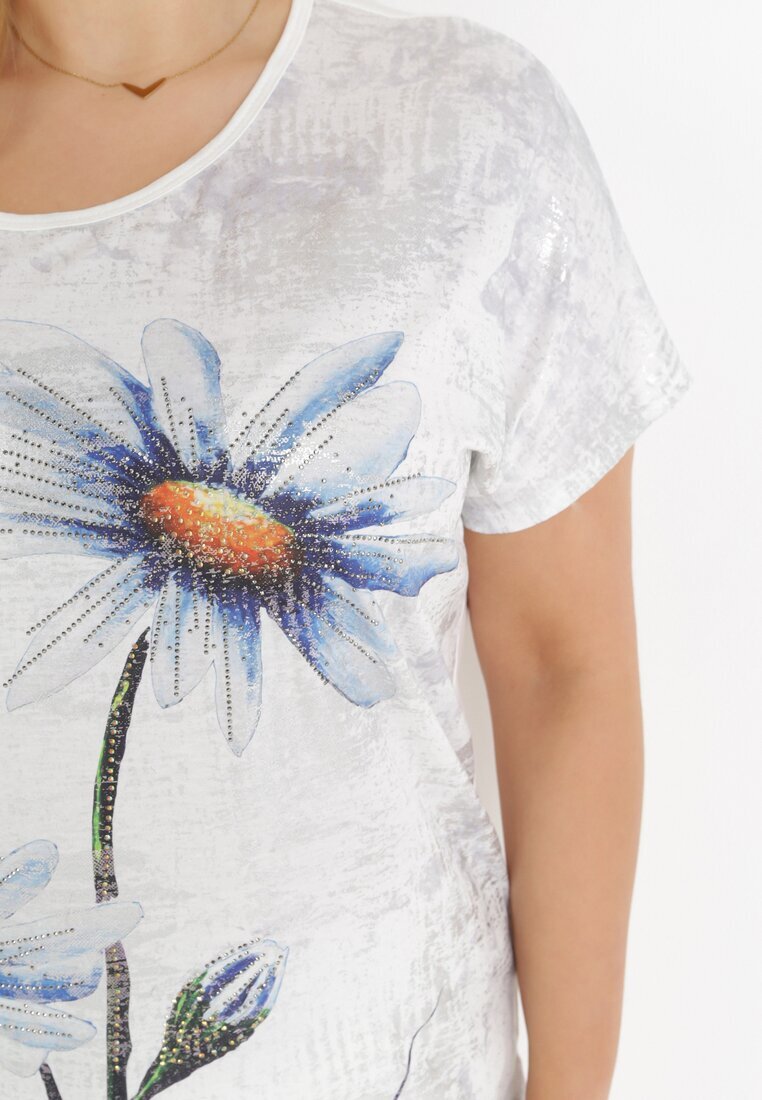 generation Bluză Albă Oversize cu Imprimeu Metalic Floral cu Zirconii Deqsa