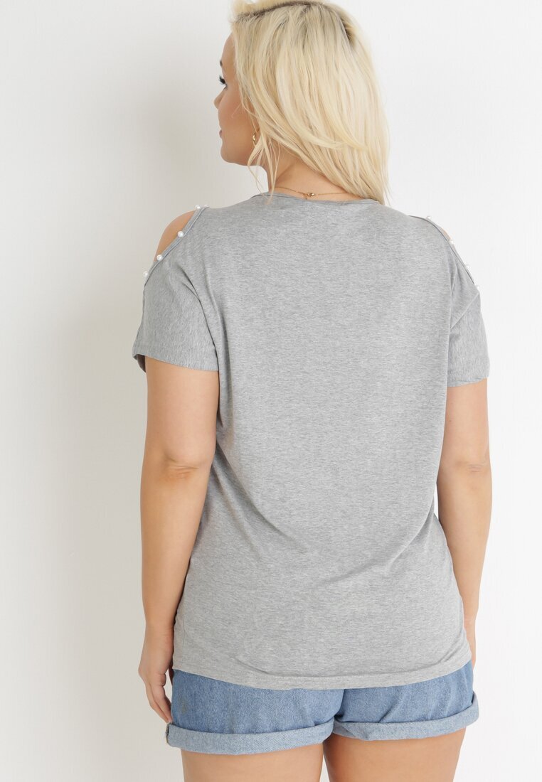 generation Bluză Gri Oversize cu Mâneci Open Shoulder Decorată cu Zirconii și Perle Kesola