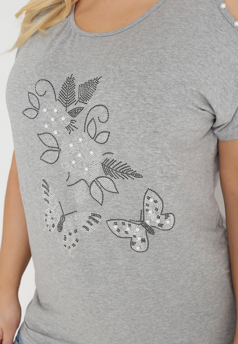 generation Bluză Gri Oversize cu Mâneci Open Shoulder Decorată cu Zirconii și Perle Kesola