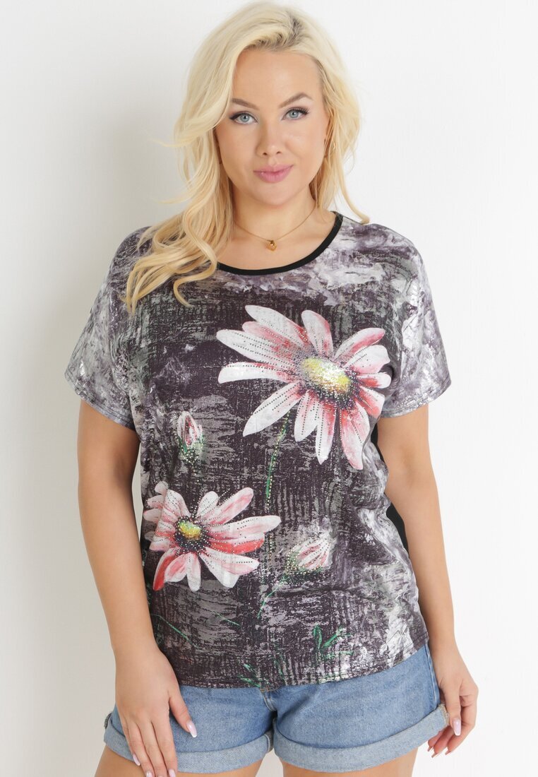 generation Bluză Neagră Oversize cu Imprimeu Metalic Floral cu Zirconii Deqsa