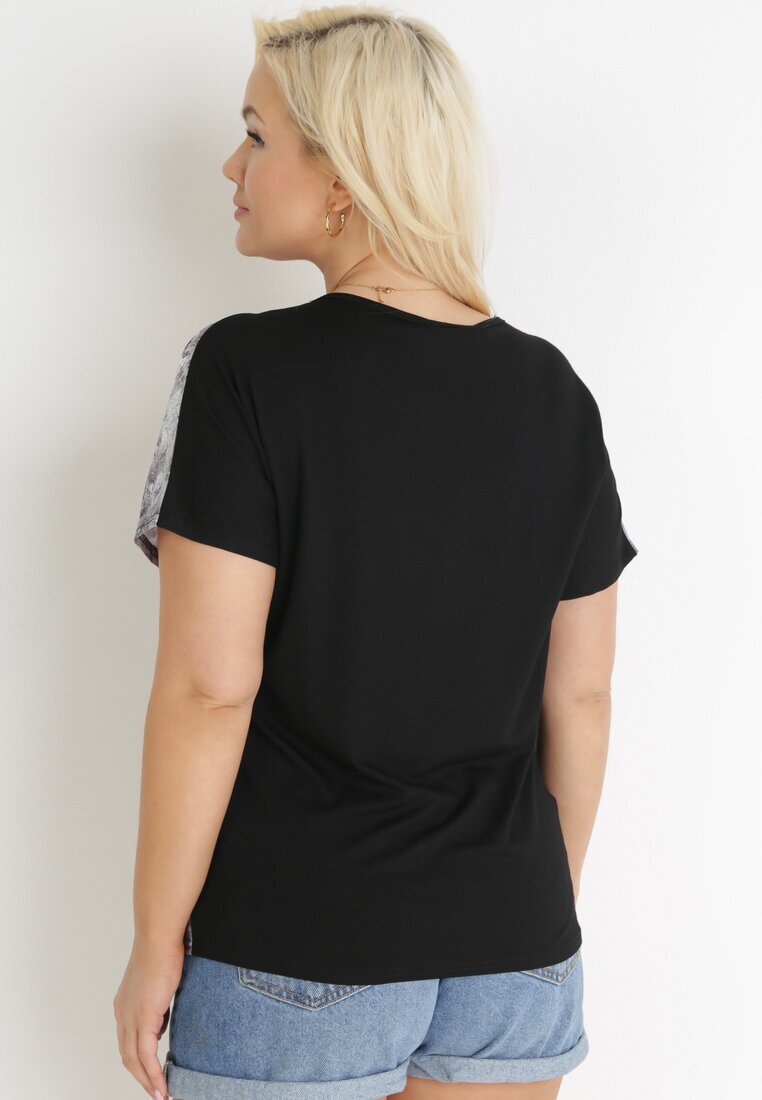 generation Bluză Neagră Oversize cu Imprimeu Metalic Floral cu Zirconii Deqsa